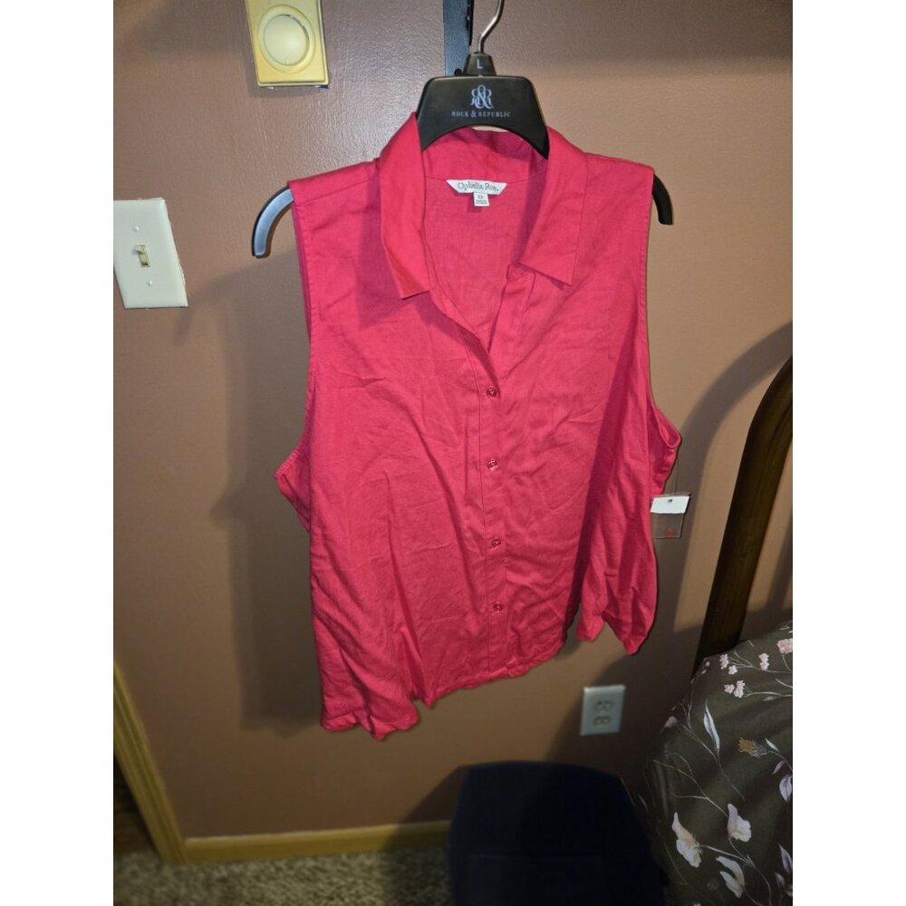 Ophelia Roe Pink 55% Linen  Collared Sleeveless Button made in Vietnam Blouse 2X